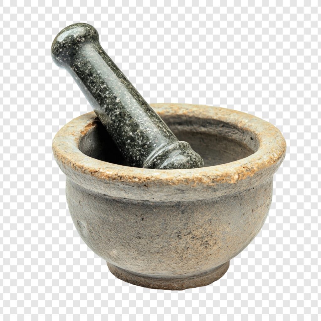 Pilão de grãos de café. Primeiros modos de tecnologia na evolução dos moedores de café.